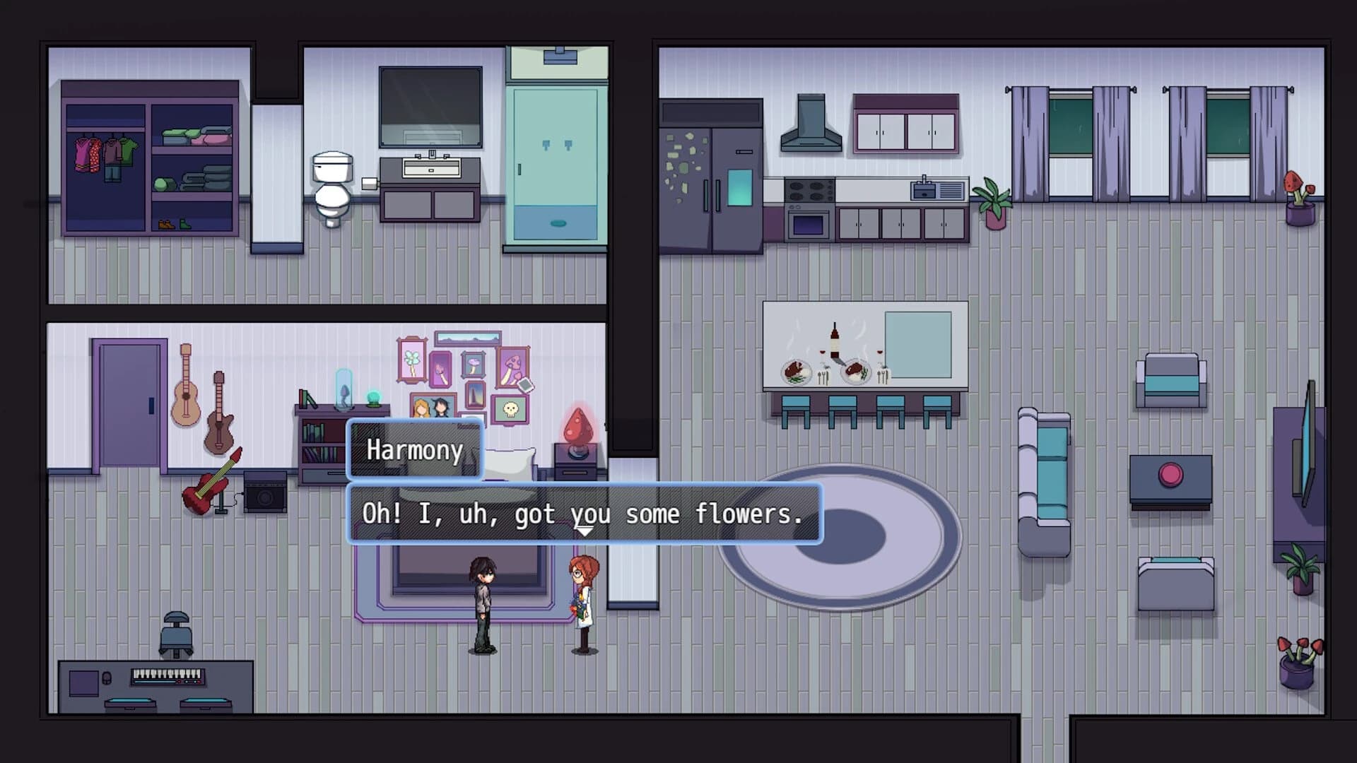 Melody's home at night; Harmony says: Oh! I, uh, got you some flowers.