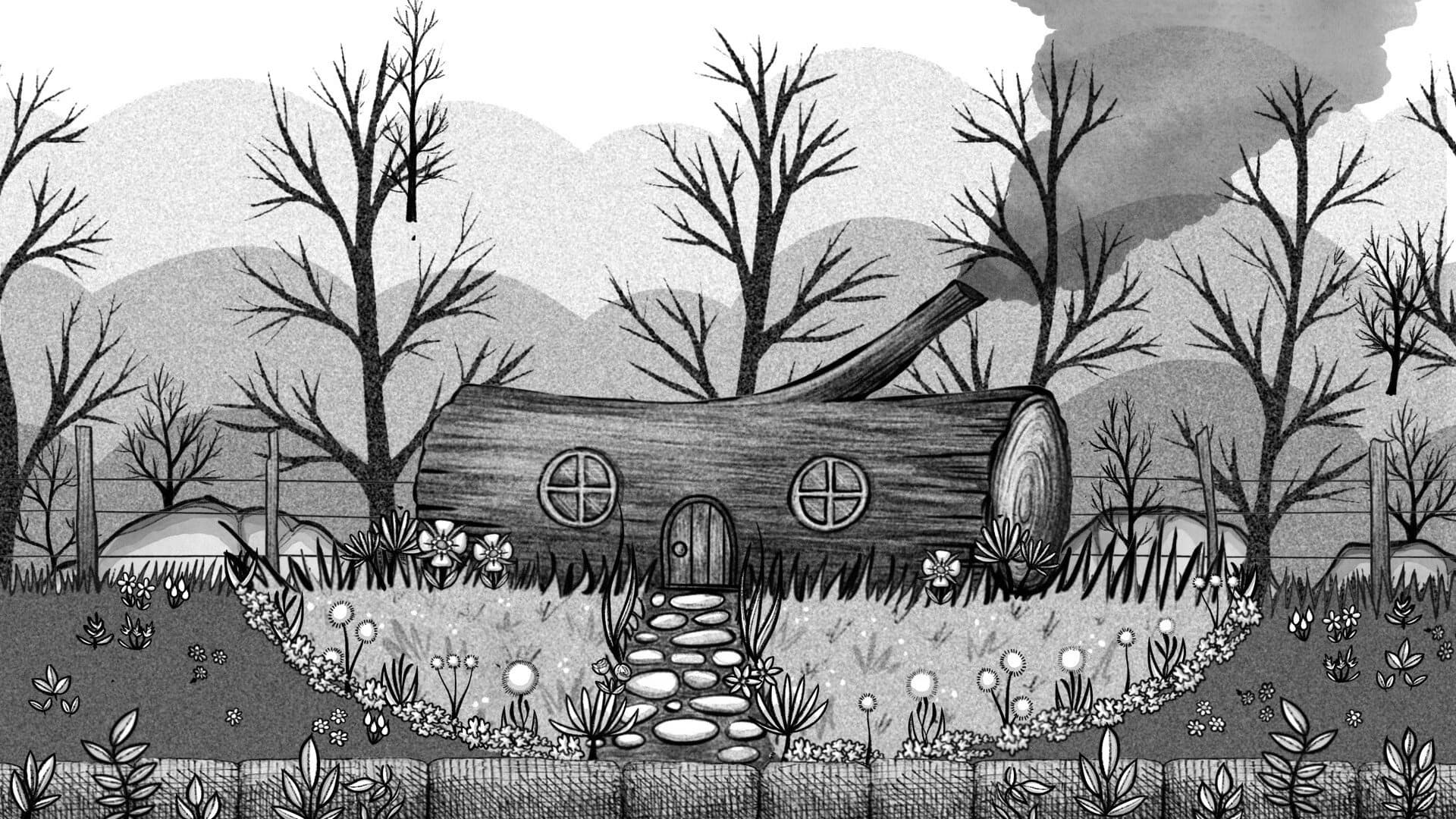 A fallen log converted into a small house, reached by a stone path through the grass.