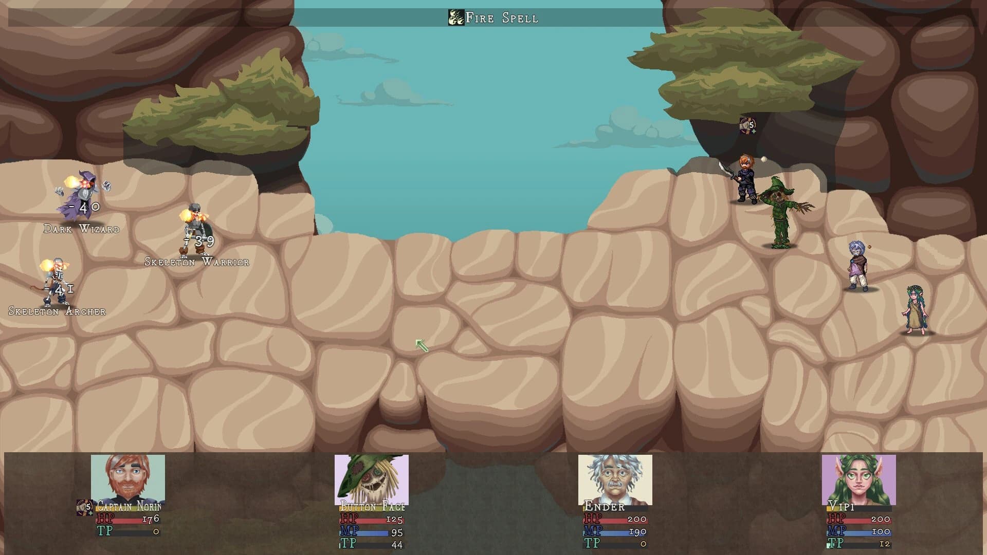 A battle on a rocky mountain pass, with party portraits along the bottom.