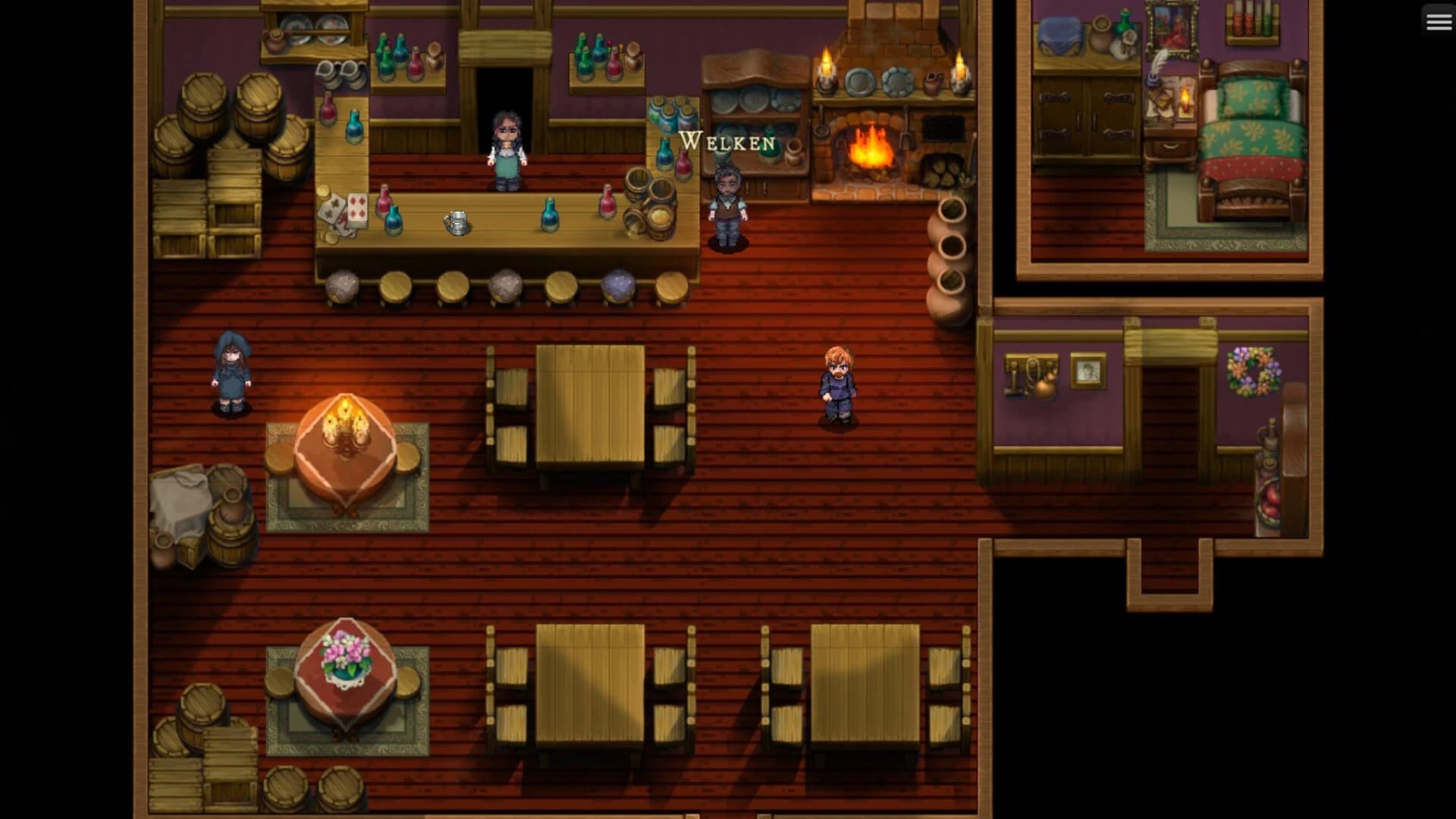 A warm tavern interior with a hearth and wooden tables.